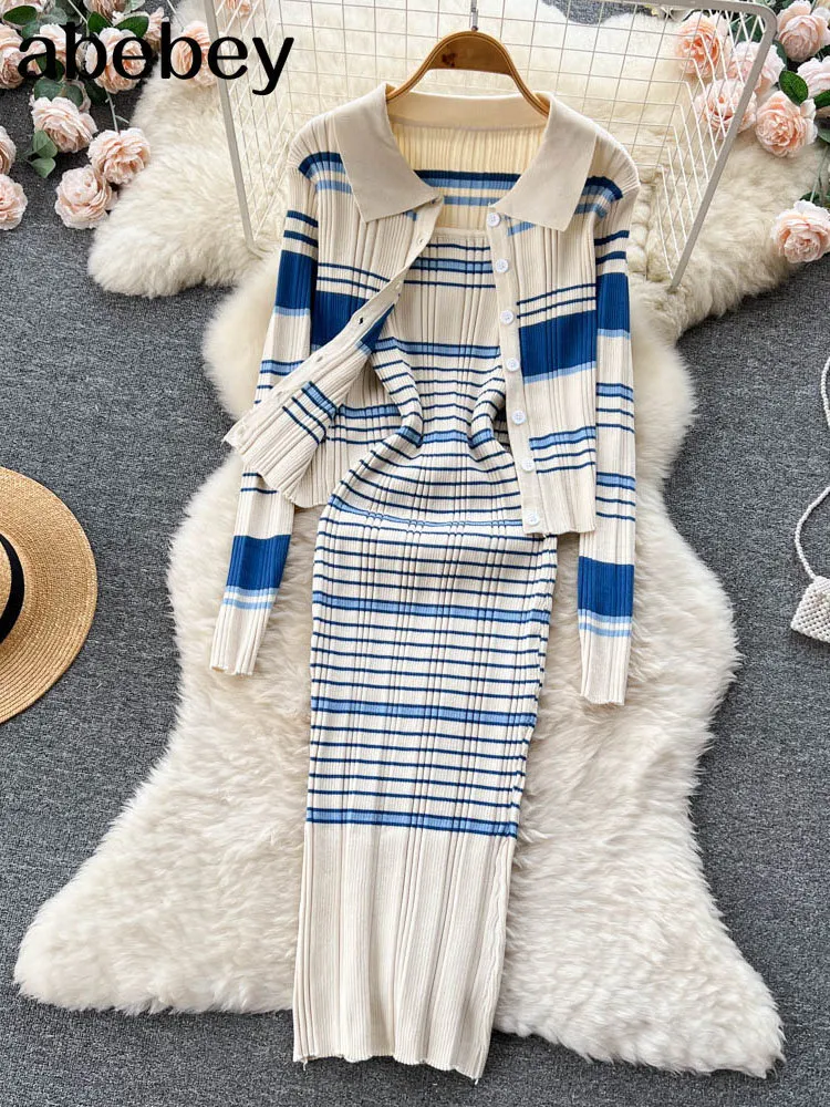 Two Piece Dress Panelled Striped Sweet Knitted Sets Turn Down Collar Knitwear Top Midi Slim Cami Autumn Pieces Suits 221010