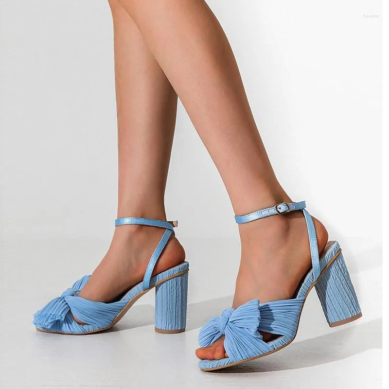 Sandals Ankle Strap Women Pleated Bow Thick High Heel 2022 Summer Party Wedding Shoes Elegant Dress WSH4565