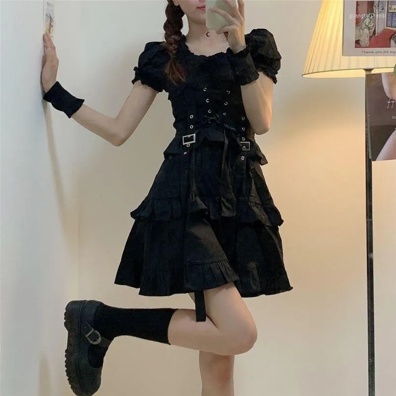 Casual Dresses Women's Gothic Dress Mall Kawaii Cute Ruffle Bandage Black Mini 2022 Clothes Summer