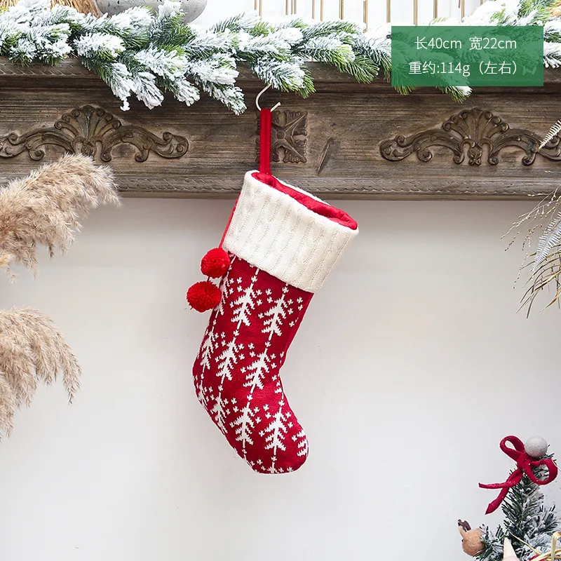 Knitted Christmas Stocking Xmas Tree Ornament Red And White Santa Candy Gift Bag Knitted Socks Prop Socks Party Pendant Decorations