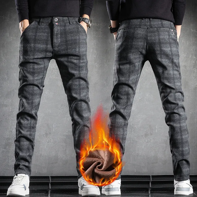 Мужские брюки модные зимние теплые флисовые флисовые сгущения повседневного бизнеса мужчины носят брюки для бега в среднем возрасте 221010
