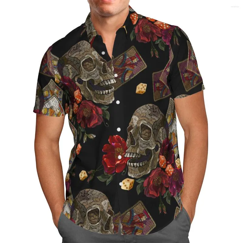 Chemises décontractées pour hommes Crâne de fleur rouge 3D imprimé été respirant plage hawaïenne chemise à manches courtes cool art social rue surdimensionnée