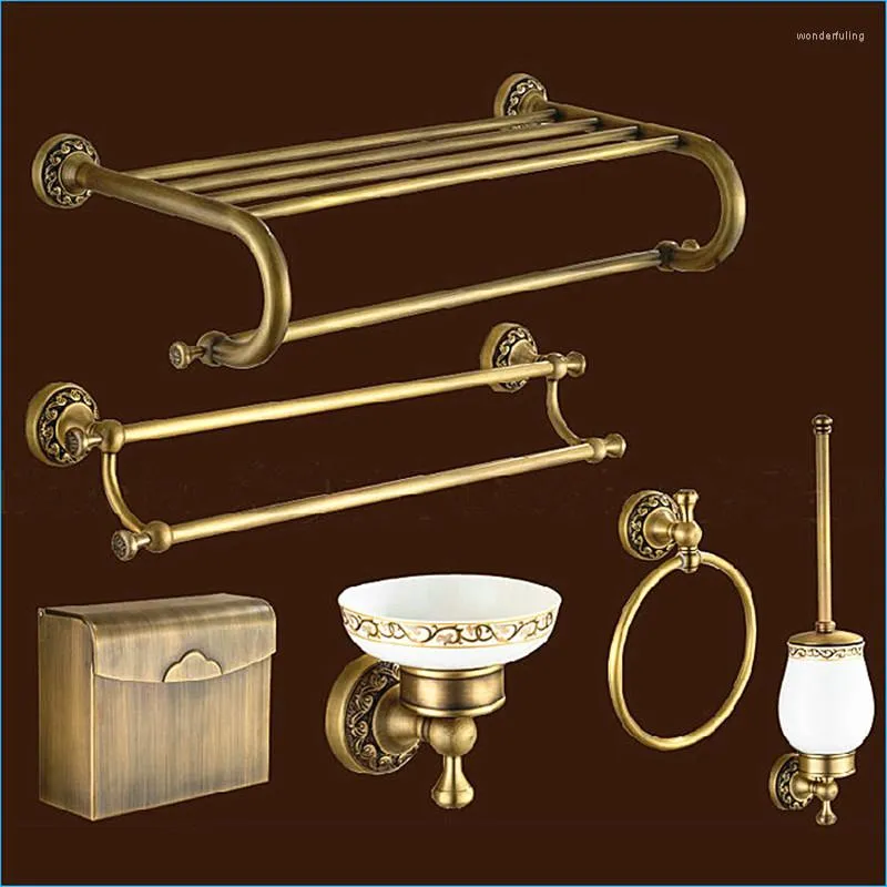 Bath Accessory Set Carved Europe Style Bronze Bathroom Hardware Antique Brass Accessories Sets J15287