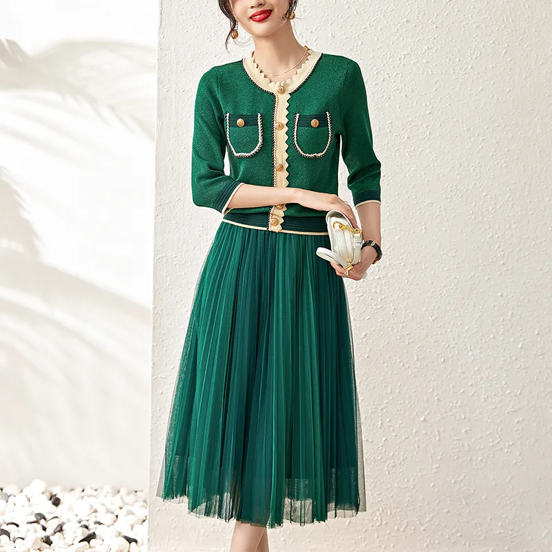 Deux pièces robe automne hiver jupes ensemble s tenues élégant chemisier tricoté hauts et maille longue jupe ensemble femme vert 2 221010