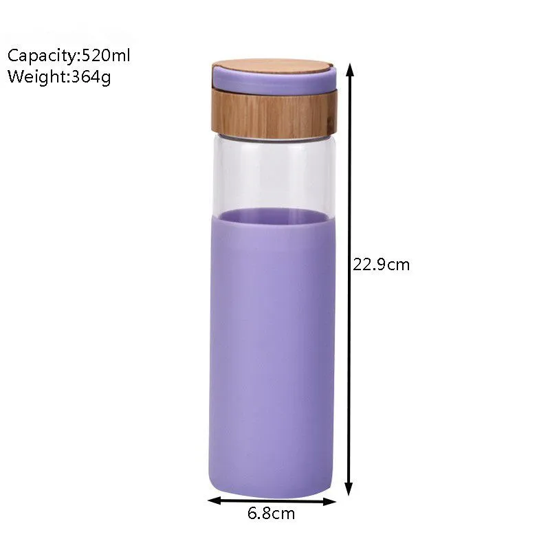 Colorful Portable Handle Tumblers 500ml 17oz Glass Water Bottle Drinking Tumbler Cups Insulated Bamboo Lids and Silicone Protective Sleeve BPA Free