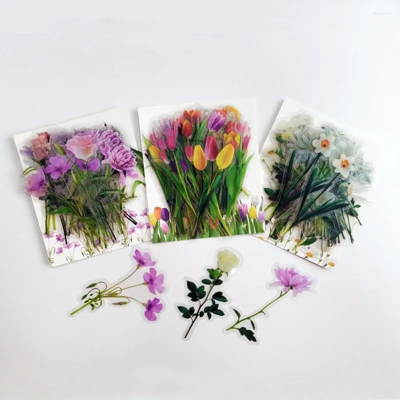 Paquete de pegatinas de flores de papel de regalo impermeable transparente PET mano cuenta diario DIY tulipán Materialh