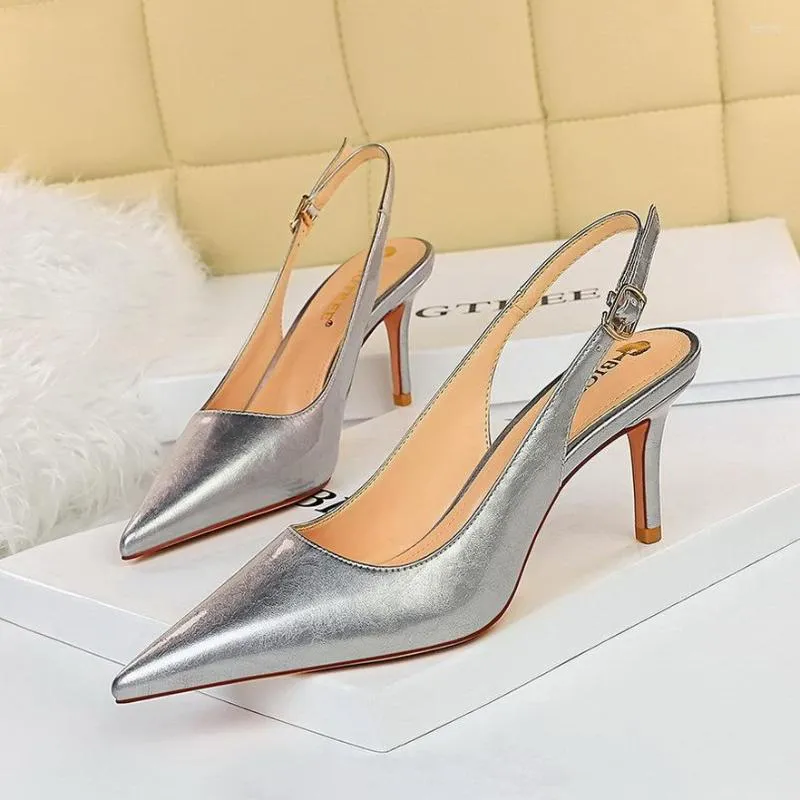 Elbise ayakkabıları 2022 Yaz Kadın Beyaz 7cm İnce Yüksek Topuklu Slingback Sandals Ofis Lady Blue Gümüş Büyük Boyut Düğün