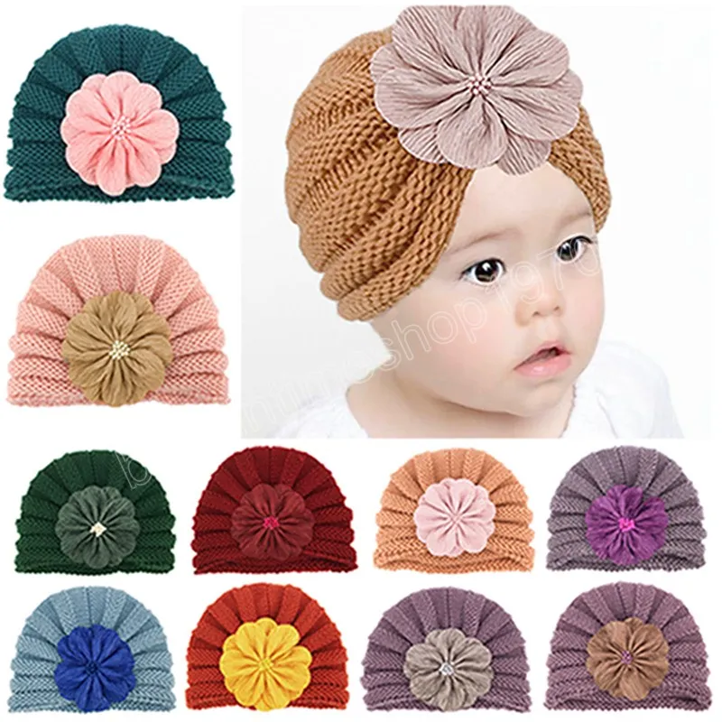 Fashion Artificial Flower Infant Indian Hat Comfortable Warm Knitting Wool Striped Caps Baby Headwear Photography Props