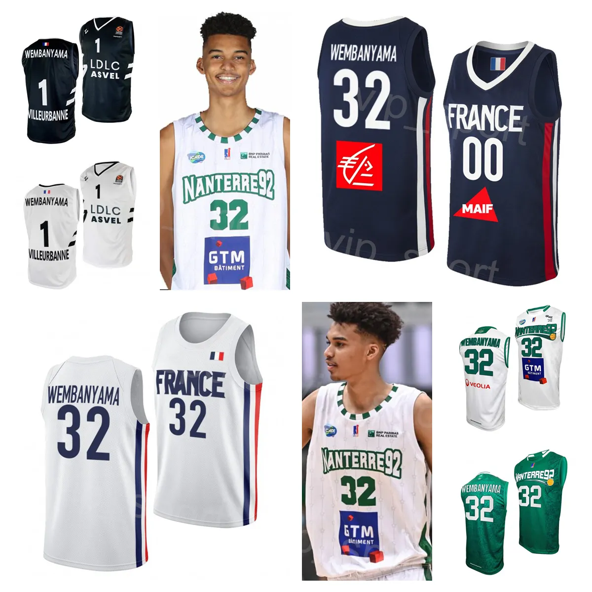 Screen Print Team Maillot Basketball Nanterre 92 Jersey 32 Victor Wembanyama France U19 National for Sport Fans Breathable Navy Blue White Green Black Good/high