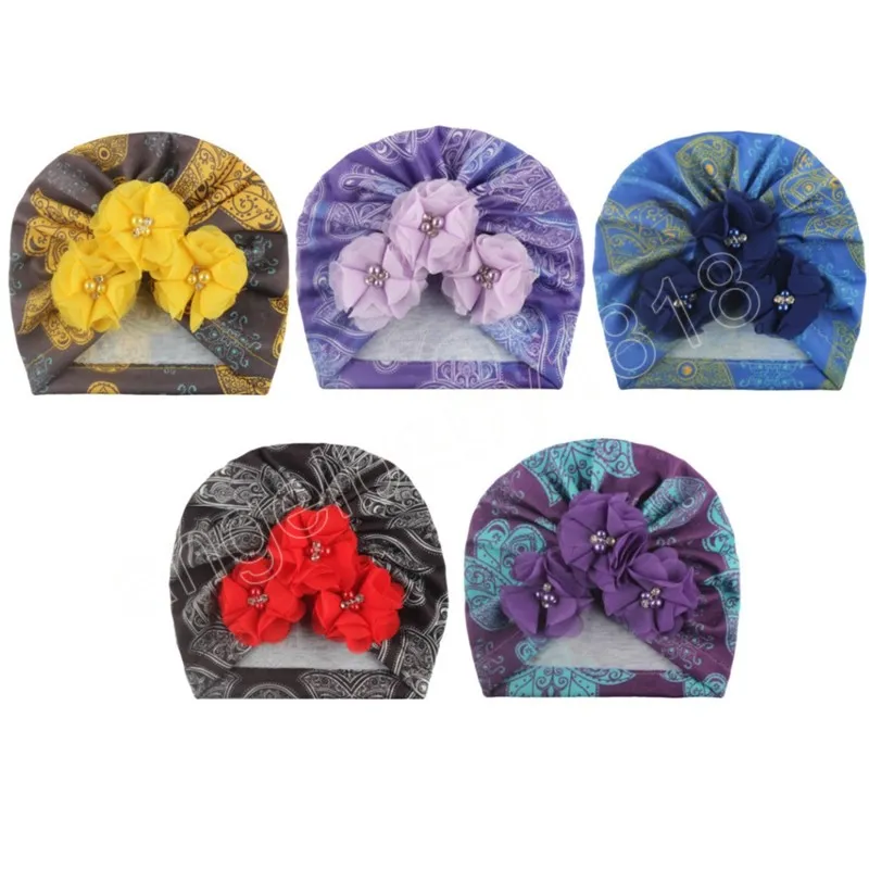 Hand Sewing Beads Flowers Baby Turban Hat Soft Comfortable Infant Beanie Caps Newborn Headwear Kids Photography Props