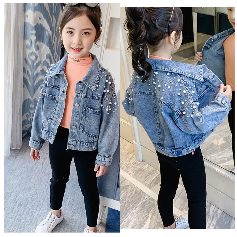 海外個人輸入 Spring Pearl Jackets Kids Denim Girls Teenage Embellished Clothing