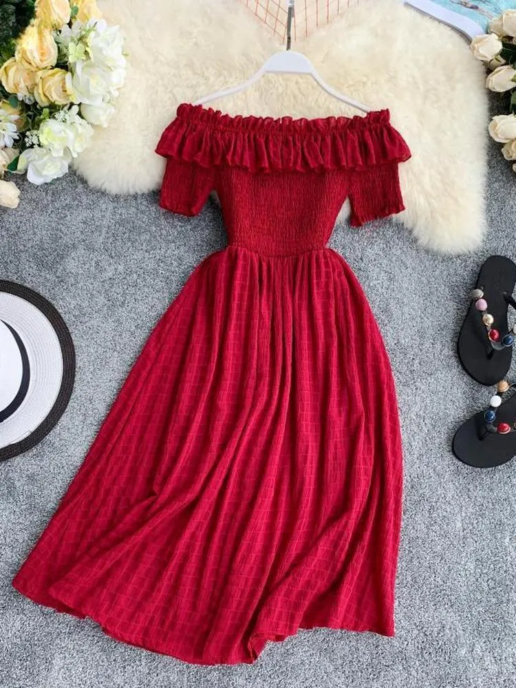 Casual Dresses Woherb 2022 Summer Elegant Women Plaid Off Shouder Solid Vestidos Sweet Ruffles A-line High Waist Dress Robe Femme 25896