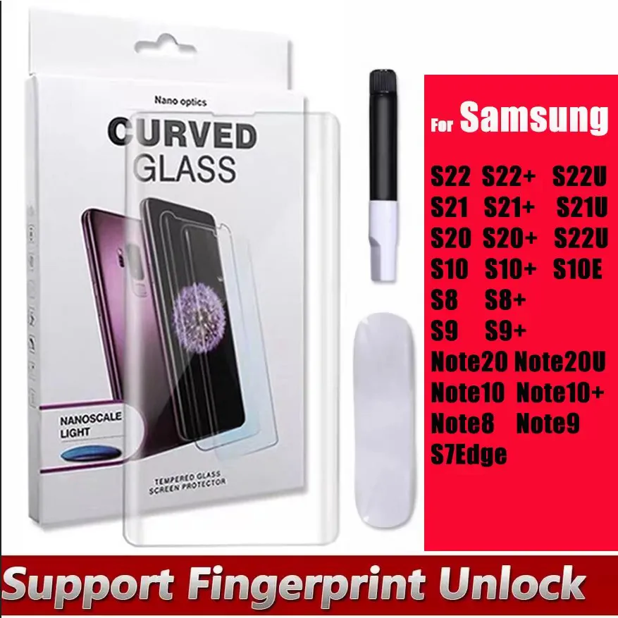 Samsung Tempered Glass Protector 9D UV Nano液体液体は小売パッケージS22 S21 S21 S20 Plus Not20 Ultra S10 Note10 Plus S8 S9 Note8 Note9
