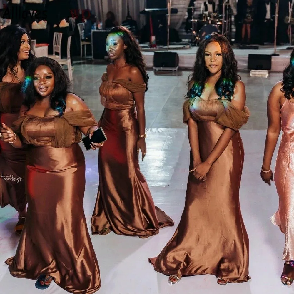 Bridesmaid Mermaid 2023 Brown Dresses Satin Off the Shoulder Straps Floor Length Beach Wedding Guest Gowns Custom Made Plus Size