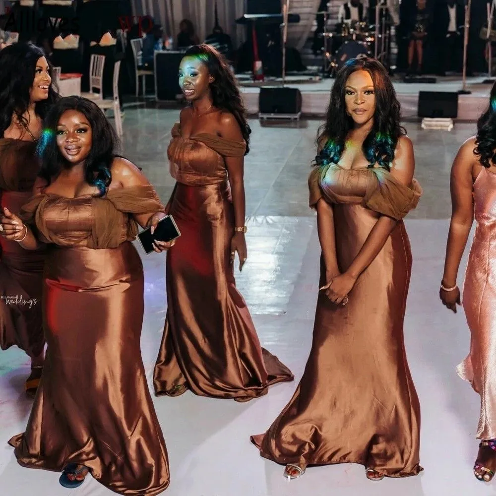 Bridesmaid Mermaid Brown Dresses Satin Off The Shoulder Straps or Length Beach Wedding Guest Gowns Custom Made Plus Size