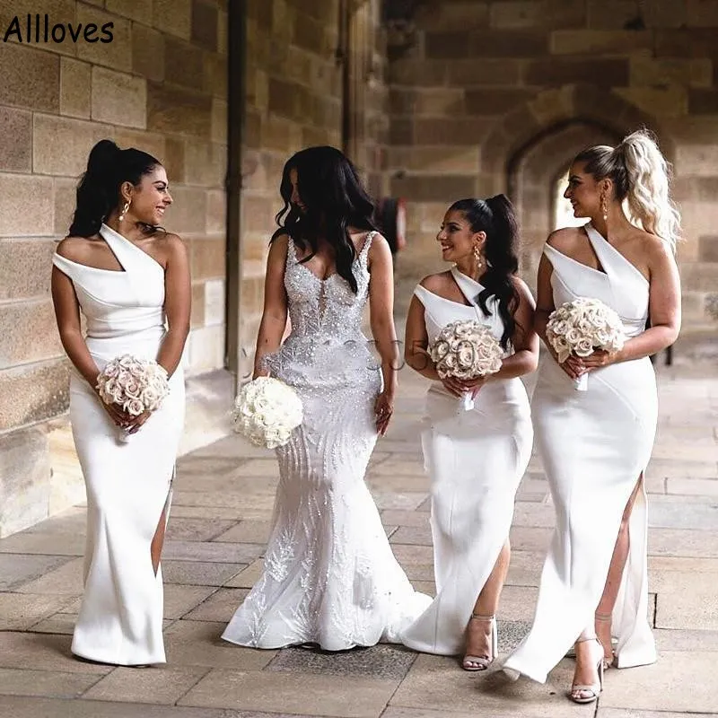 Nowoczesna biała satynowa syrena sukienki druhna prosta podzielona elegancka jedno ramię boho ślub gościnny impreza na imprezę SZUNKCJE ASO EBI Maid of Honor Dress AL6178