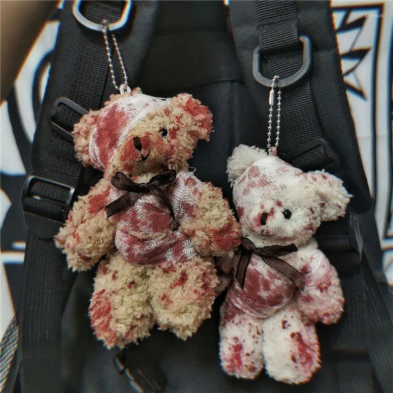 Keychains Punk Bloody Plush Bear Keychain Halloween Injured Animal Doll Key Ring For Bags Creative Fashion Cool Car Accessories Pendant