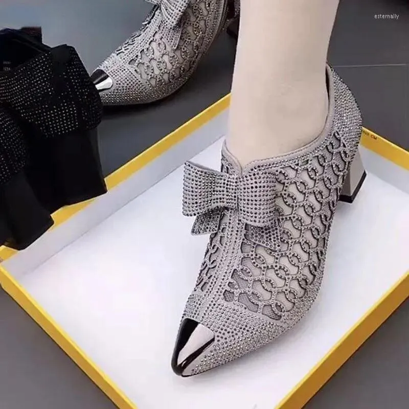 Chaussures habillées dame femmes luxe maille respirant nœud papillon strass élégant talons moyens unique haute pompe bout pointu sandales