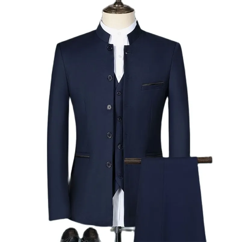 男性Sスーツブレザーファッションカジュアルブティックホワイトスタンドアップカラーチャイニーズスタイル3 PCSスーツセットスリムフィットジャケットコートパンツベスト221008