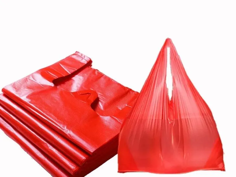 50pcs 빨간색 비닐 봉투 슈퍼마켓 식료품 선물 쇼핑 가방 손잡이 조끼 가방 주방 스토리지와 두꺼워