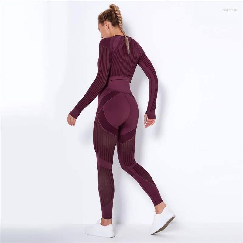 Kvinnors tvåbitar byxor Kvinnor Kvinnor Workout Fitness Outfits Hollow Mesh Sports Set Running Set High midje Gym Energy Seamless Yoga