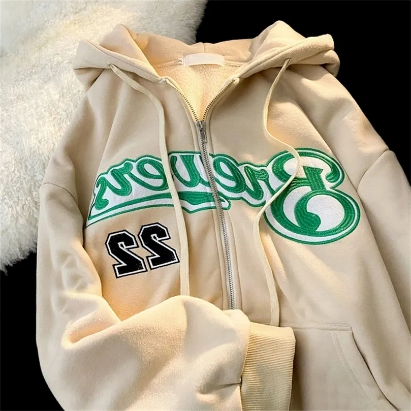 Kadın Hoodies Sweatshirts Hiphop Mektubu Nakış Sweatshirt Kadınlar Sonbahar Harajuku Zip Sıradan Gevşek Gevşek Hoodie Retro Uzun Kollu Kapüşonlu Ceket Y21010