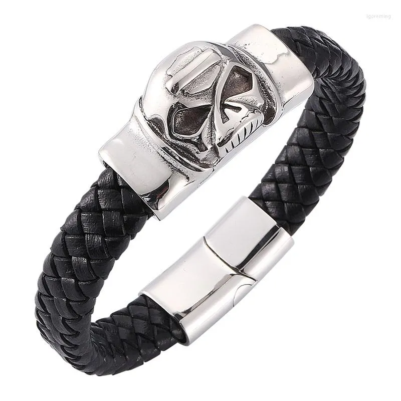 Charm Bracelets Men Black Leather Bracelet Punk Skull Pattern Stainless Steel Magnetic Buckle Braided Wrist Band Gifts ST0269