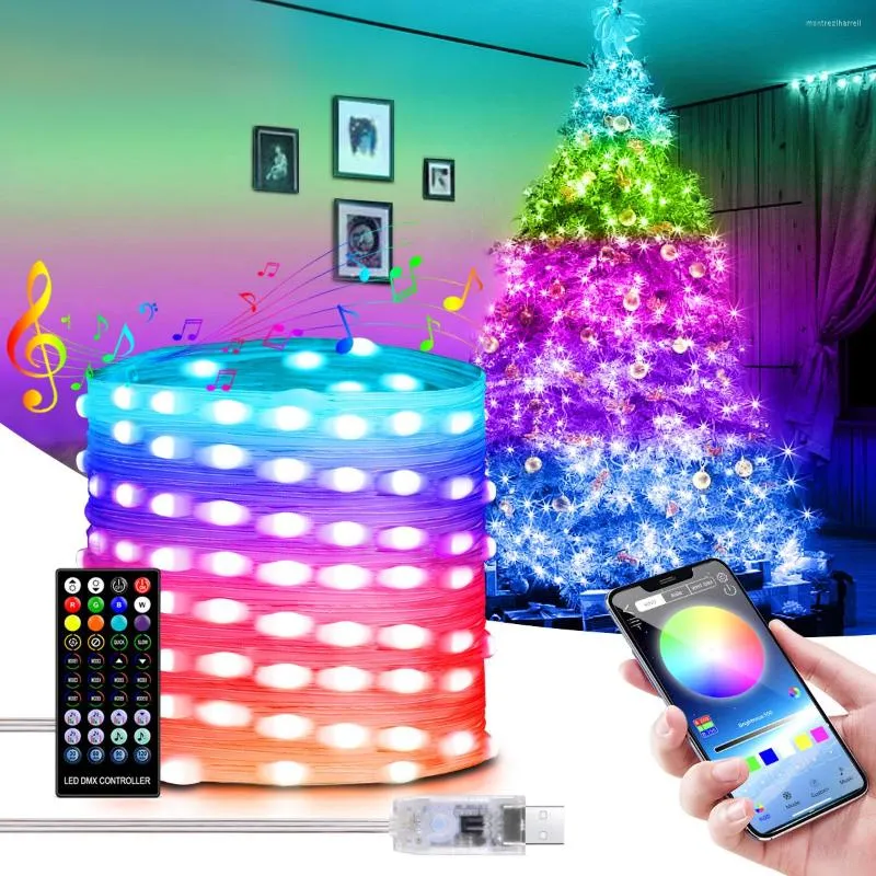 Cuerdas WS2812B Bluetooth RGB LED Cadena de luz USB 5V RGBIC Dream Color Chasing Effect Tape Lámpara remota para decoración de vacaciones de Navidad