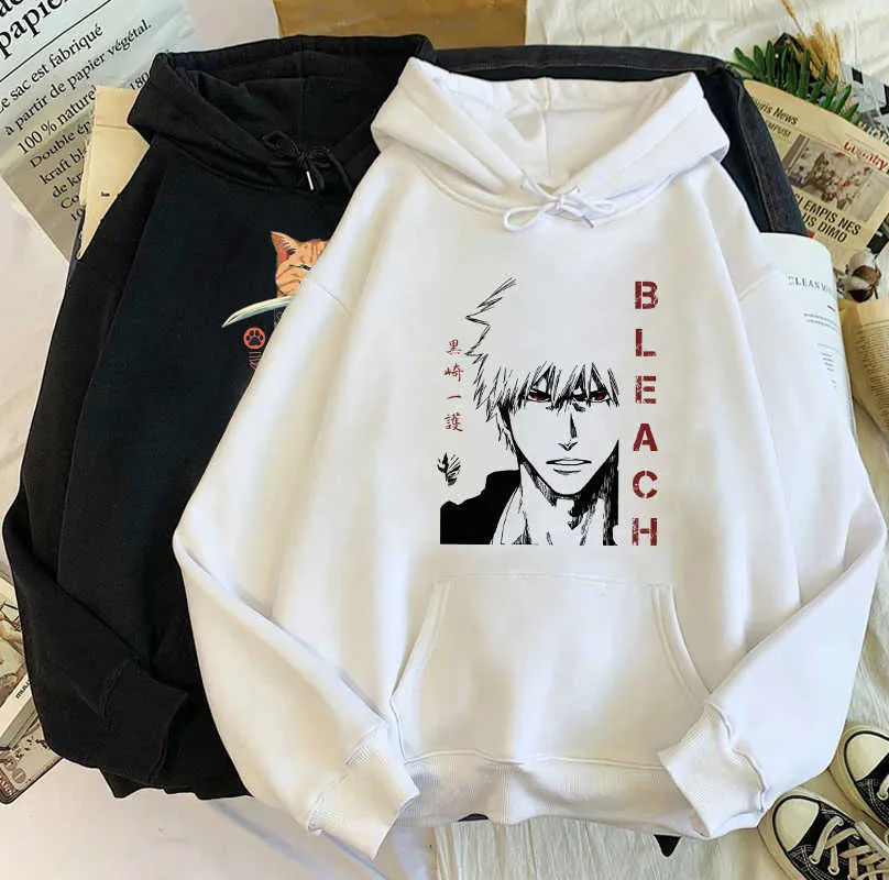 Moletons masculinos moletons de anime japonês alvejante de desenho animado engraçado capuz gráfico dos homens gato samurai kawaii moletons vintage hip hop streetwear machy t221008