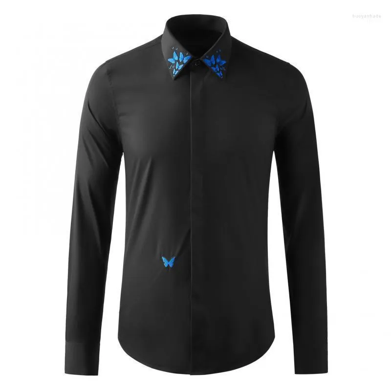 Men's Casual Shirts Men's Minglu Cotton Male Luxury Butterfly Collar Embroidery Long Sleeve Mens Dress Slim Fit Party Man 4xl
