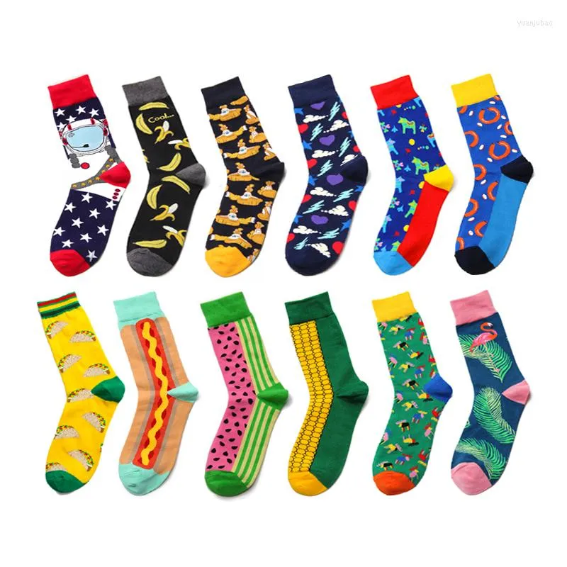 Herrensocken Männer Korea Cartoon Bunte Glückliche Hip Hop Skate Harajuku Lustige Street Style Mode Kleid Baumwollsocke Gelb Grün