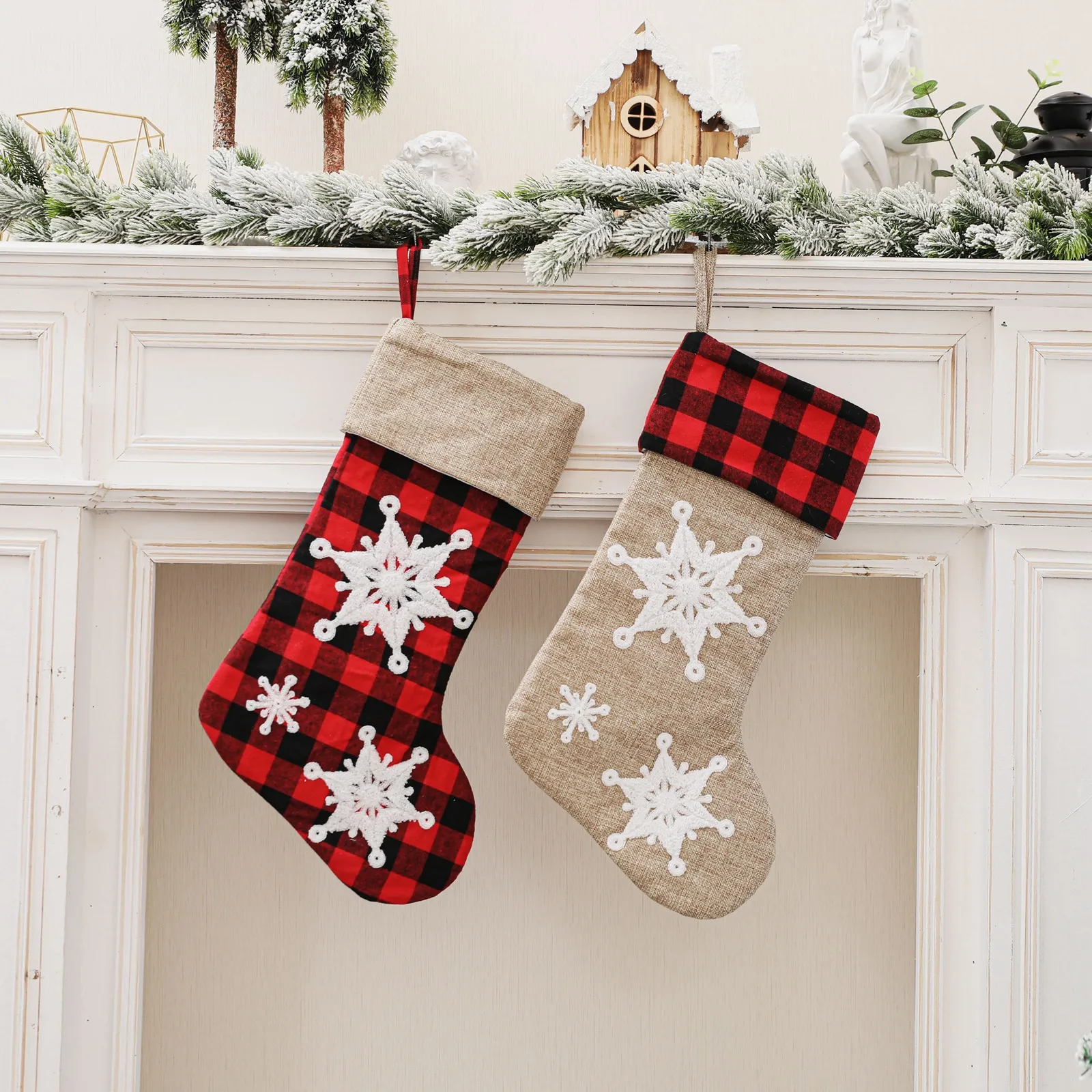 Sneeuwvlok geruite kerstkousen Kerstmis Tree Hangende decoratie ornamenten open haard sokken snoepcadeauzak RRB16149