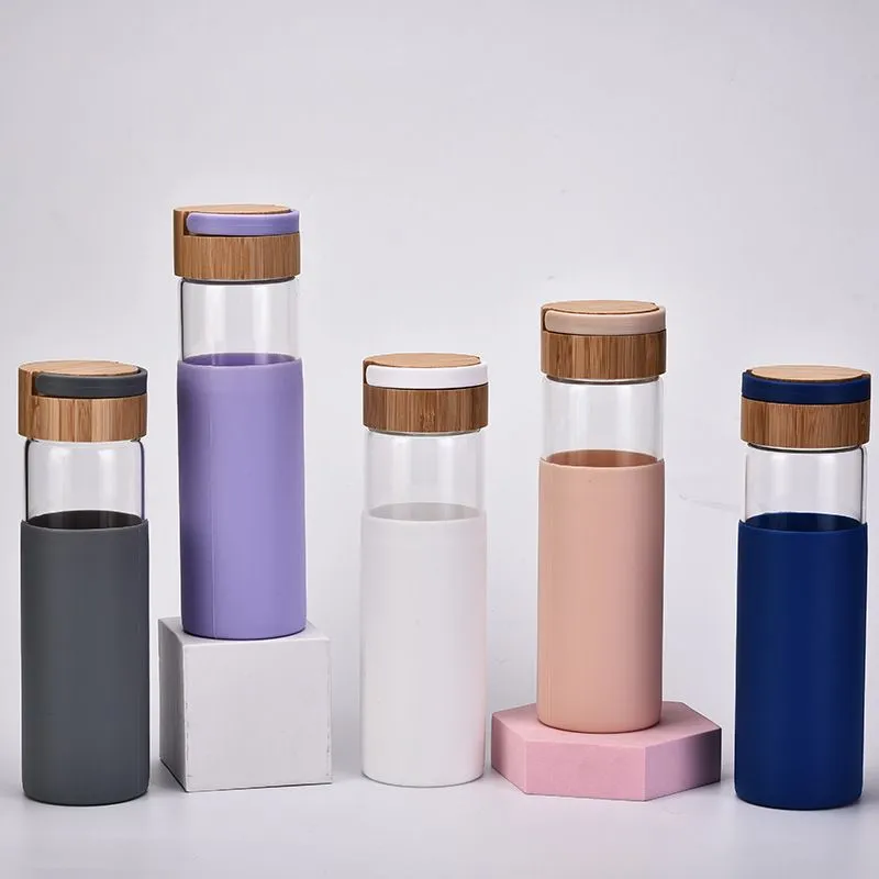 Colorful Portable Handle Tumblers 500ml 17oz Glass Water Bottle Drinking Tumbler Cups Insulated Bamboo Lids and Silicone Protective Sleeve BPA Free