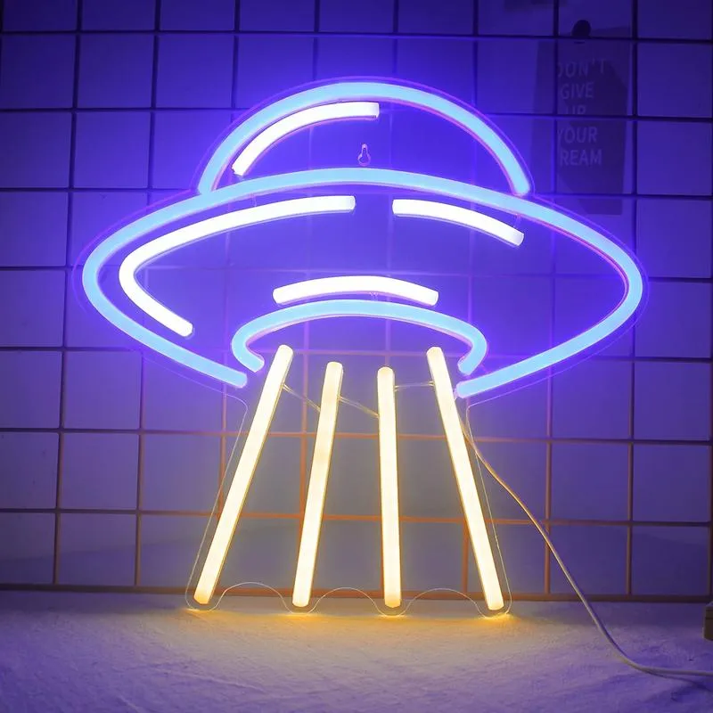 Luci notturne UFO Astronave aliena LED Segni Blu Giallo Camera da letto Acrilico Neon Segni luminosi da parete per bambini Amanti dell'astronomia Scuola Museo della scienza Decorazione
