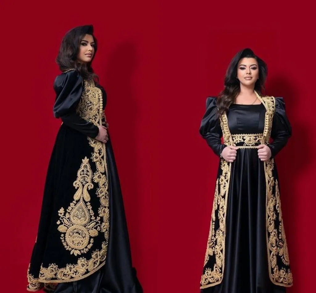 Vestidos de baile albaneses tradicionais elegantes do Kosovo com jaqueta longa capa preto Apliques de renda de ouro preto Dubai arabai plus size vestido de noite Robe