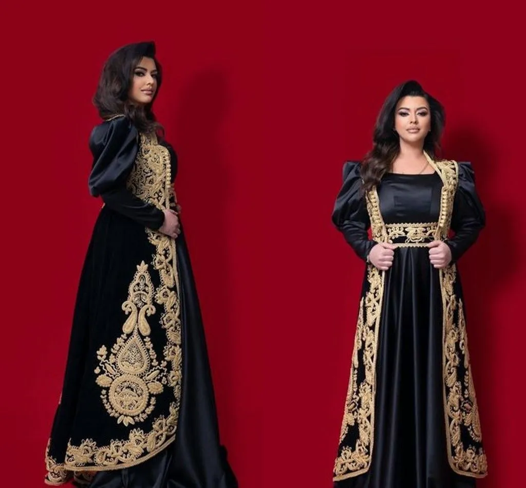 Eleganti abiti da ballo tradizionali albanesi del Kosovo con giacca lunga a mantella Applicazione di pizzo oro nero Arabo Dubai Plus Size Sera G