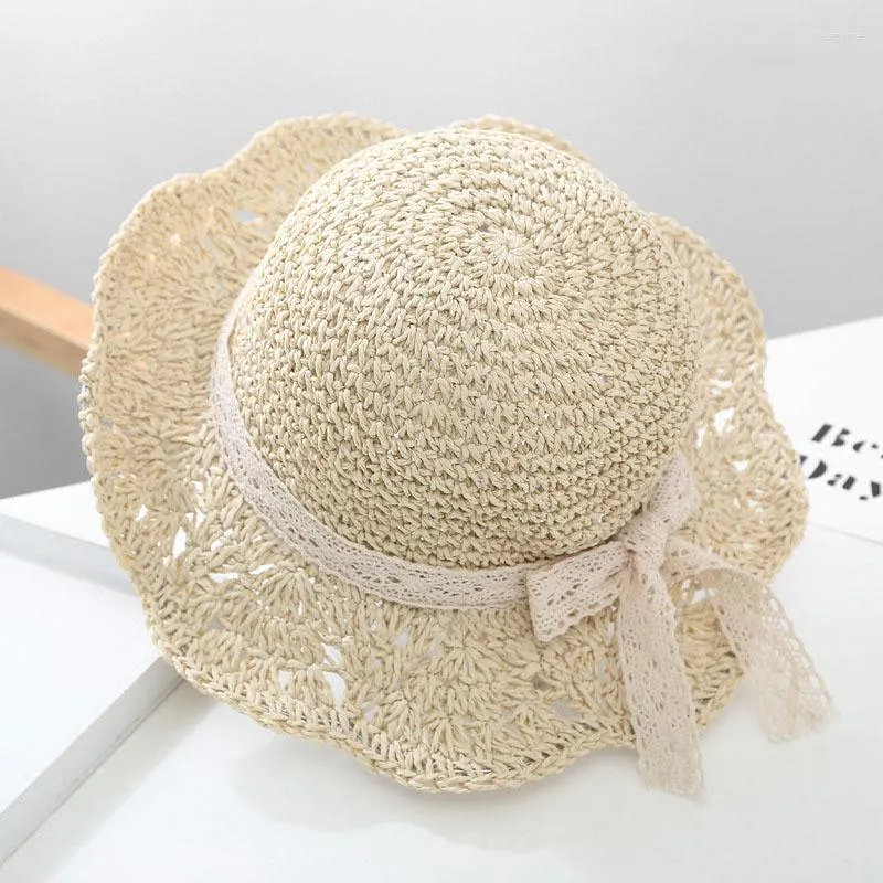 Hats 2022 Summer Straw For Baby Girls Breathable Lace Cap Bow Beach Sun Hat Wide Brim Kids Princess Outdoor Travel Sunscreen
