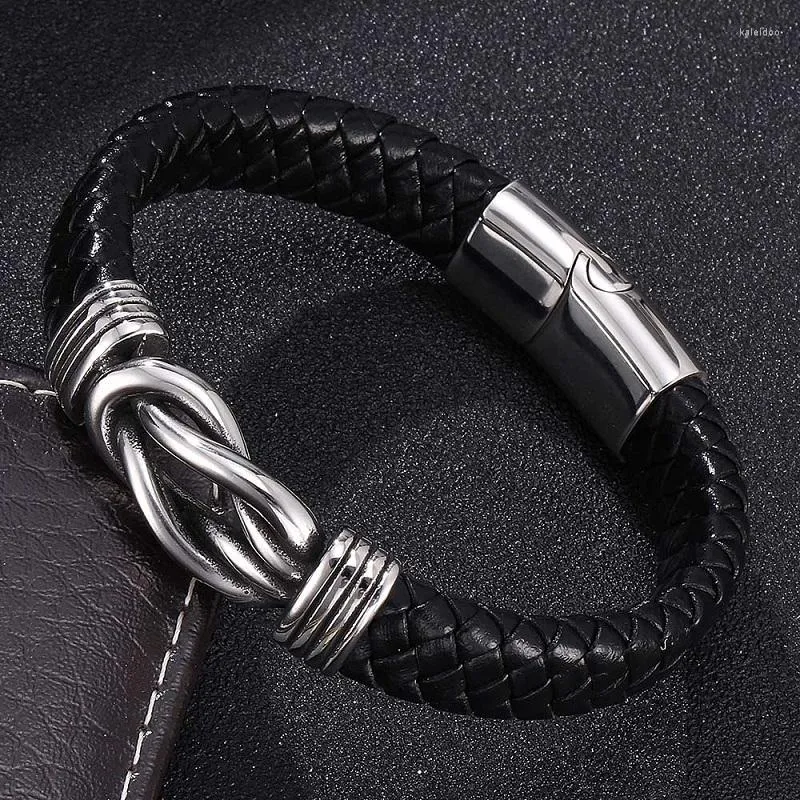 Charm Bracelets Personality Black Leather Braided Bracelet Men Stainless Steel Magnetic Buckle Fashion Jewelry Male Wrist Band