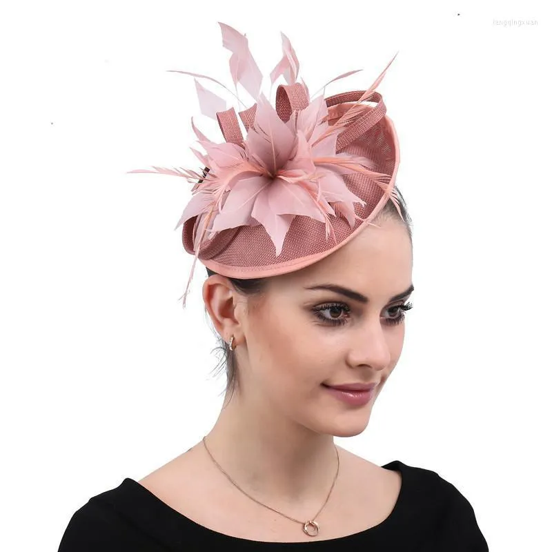 Coiffures 2022 Style Mariée Mariage Petit Chapeau De Plume Rose Lin Fleur Bow-noeud Bandeau Accessoires De Cheveux Élégant Épingle À Cheveux