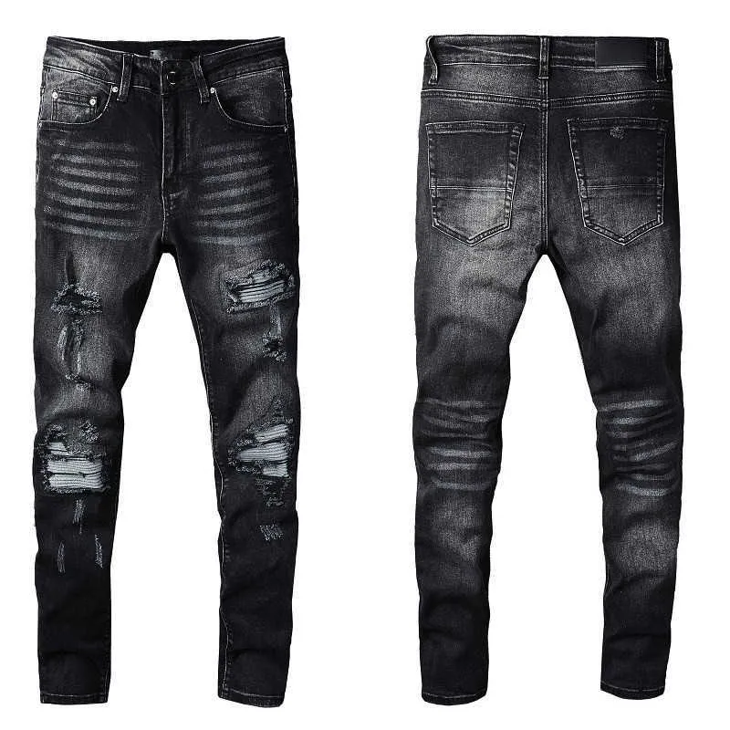 Amirsity zerrissene Best-Qualität-Anpassungen von Herren Skinny Jeans schwarz für Jungs Knie mit grauen Patch Slim Hosen tragen gekürzt Biker Denim Stretch Destressed Motor Trendy