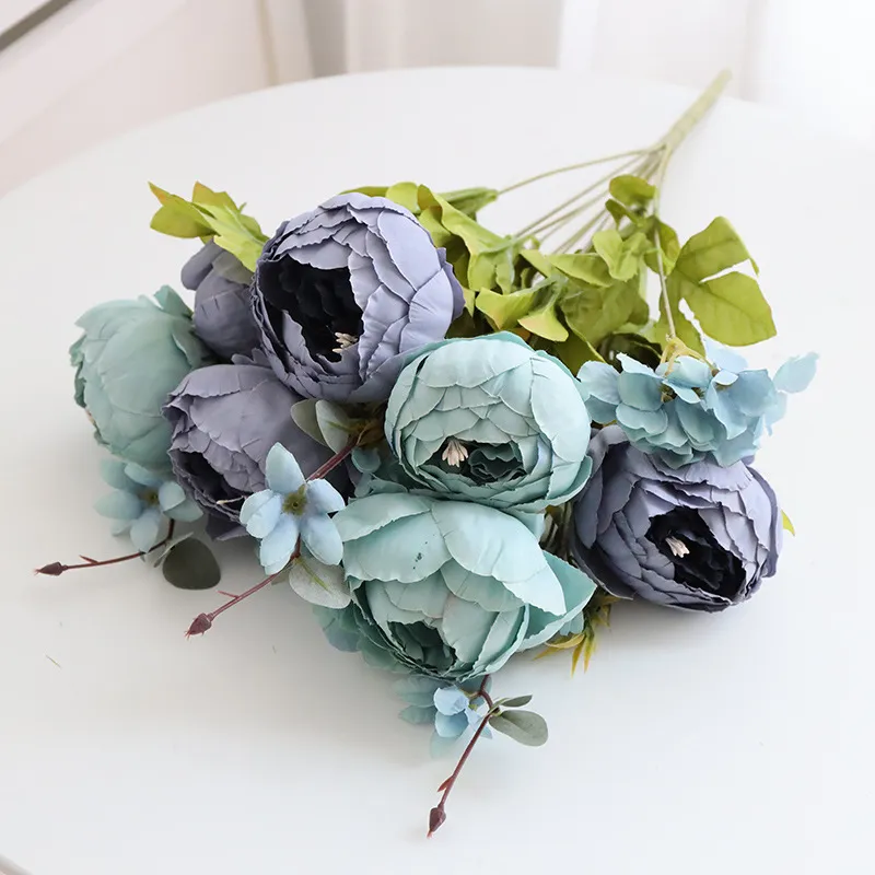 Artificial Silk Peony 8 Heads Bouquet Fake Flowers Faux Floral Greenery Plant Leaves Wedding Room Home Party Garden Decor G7192c