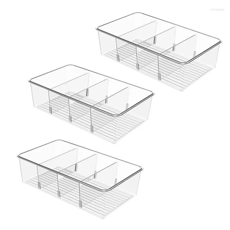 Storage Bottles SEWS-Refrigerator Organizer Bins - Clear Snack For Pantry With 3 Dividers Removable Seasoning