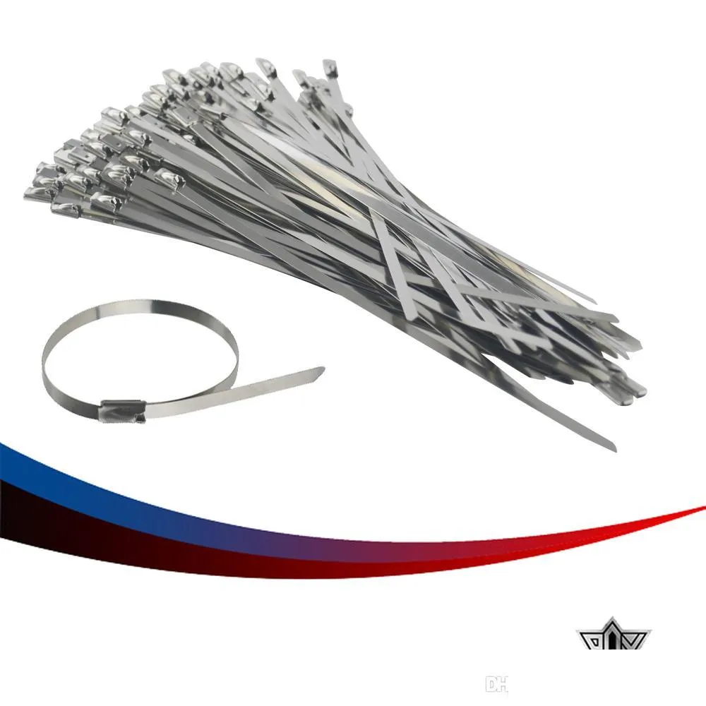 Otras herramientas para vehículos Pqy Racing 200 mm x 12" / 300 mm Cabecera de acero inoxidable Envoltura de escape Autoblocante Zip Ties Correas 100 piezas Pqy-Sls02/ Dhucb