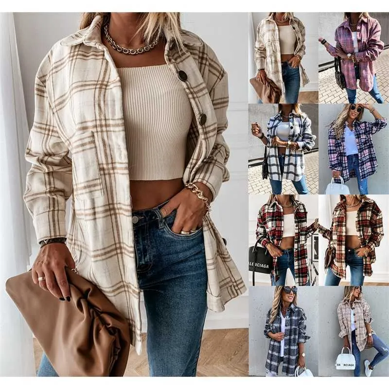 Fall And Winter Women Plaid Designer Shirt Loose Leisure Long Sleeve Thick Shirt Coat