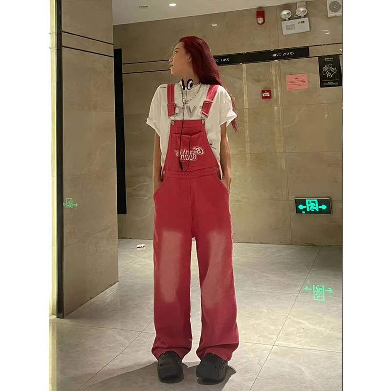 Jeans da donna High Street Pink Vintage Suspender Fashion Pocket Pantaloni dritti Streetwear Casual Pantaloni a gamba larga in denim Ladies Summer 221011