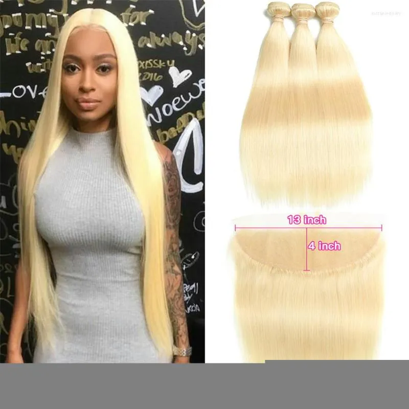Human Hair Bulks 613 Bundles With Frontal Brazilian Straight 3/4 Closure 40 Inches Remy Blonde
