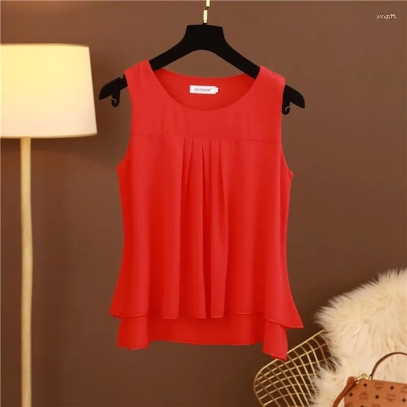 Kvinnors blusar röda modemärke 2022 Summer Casual Women's Blouse Loose Plus Size Chiffon Shirt Top Sleeveless M-6XL