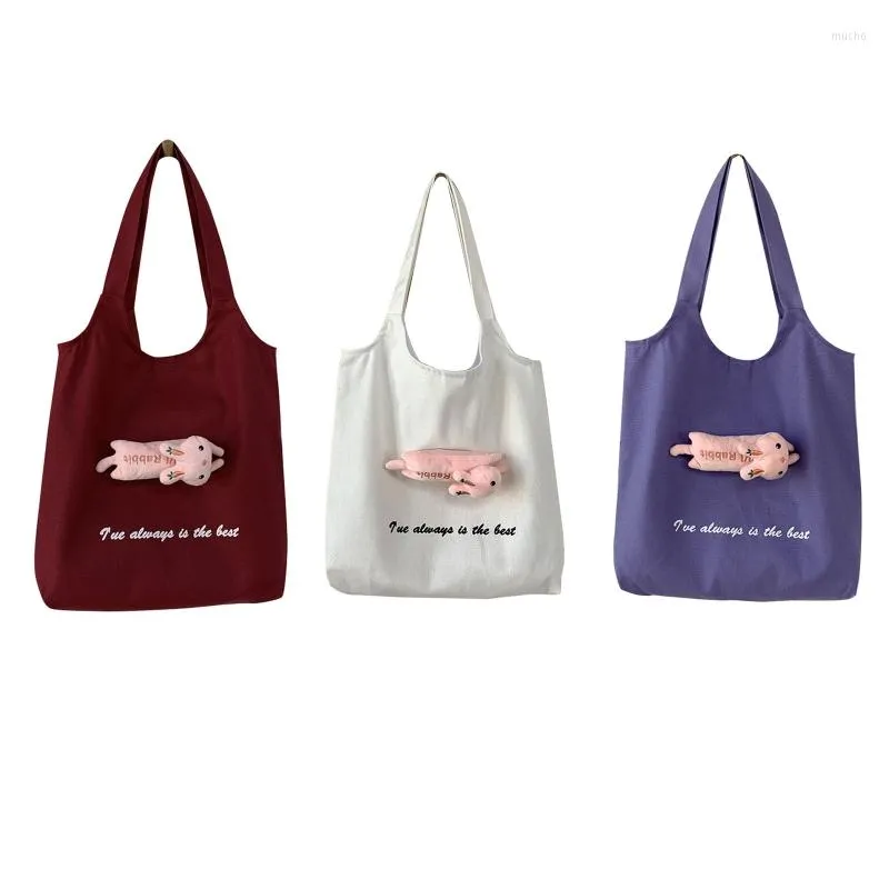 Evening Bags Canvas Tote Bag With Inside Pocket Simple Shoulder For Work Travel Washable Grocery Shopping Letter & Doll