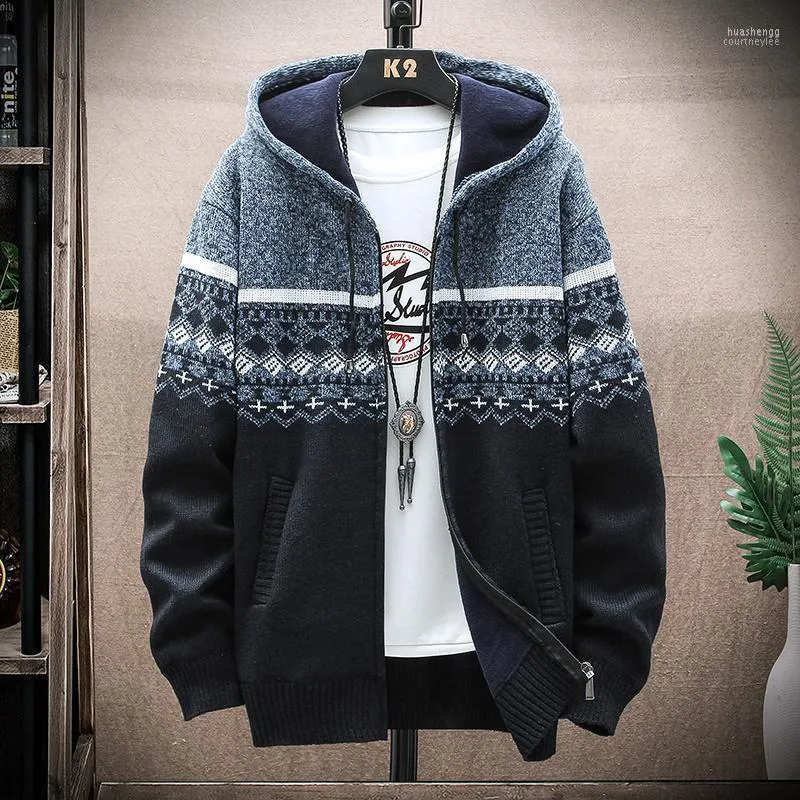 Men's Sweaters Men's Velvet Thick 2022 Cardigan Autumn Korean With Hooded Knitted Sweatercoats Patchwork Jacket Male M-3XL Clothes Men