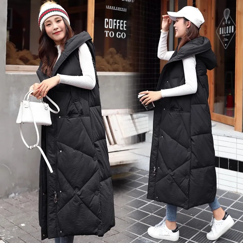 X-Long Hooded Vests Women Casual Thick Down Cotton Parkas Winter Coat Warm Waistcoat